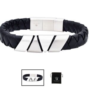Men’s Triangular Wrapped Stainless Steel Black Leather Bracelet BLACKJACK